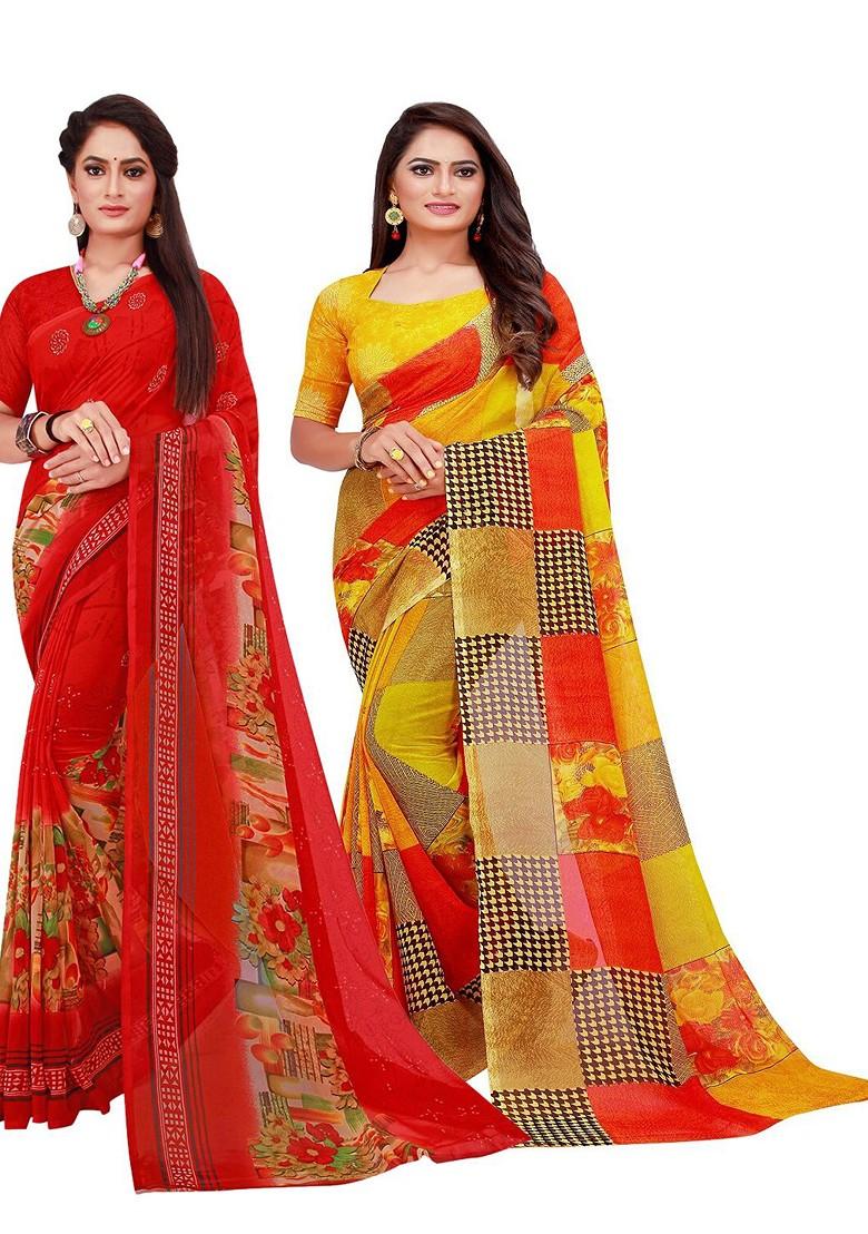 Red Printed Georgette Saree Set (Set Of 2)