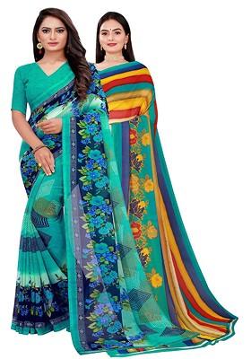 Multi Floral Georgette Saree Set (Set Of 2)