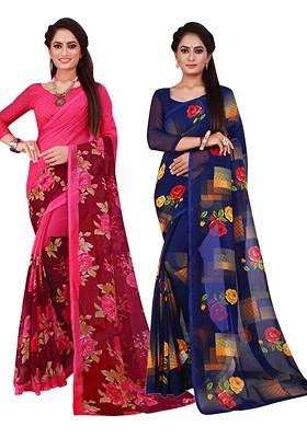 Magenta Floral Georgette Saree Set (Set Of 2)