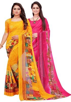 Magenta Floral Georgette Saree Set (Set Of 2)
