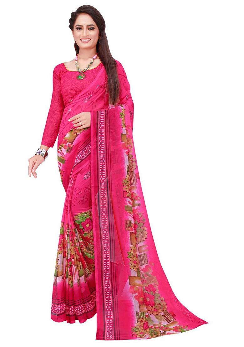 Magenta Floral Georgette Saree Set (Set Of 2)
