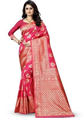 Pink woven Kanjeevaram Saree Set