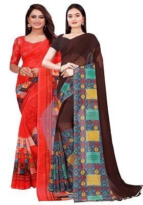 Brown Embroidered Georgette Saree Set