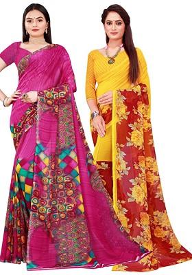 Magenta Floral Georgette Saree Set (Set Of 2)