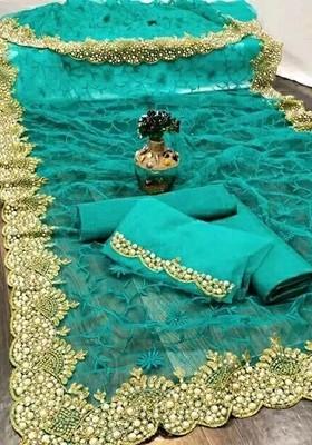 Blue Embellished Poly Blend Saree Set