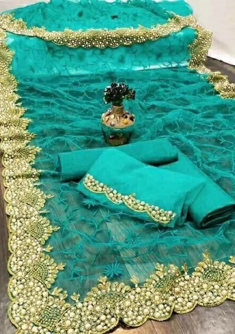 Blue Embellished Poly Blend Saree Set