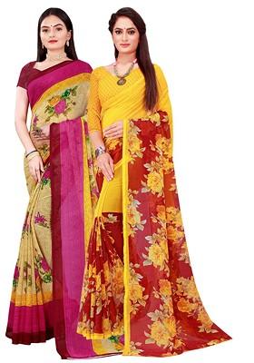 Beige Printed Georgette Saree Set (Set Of 2)