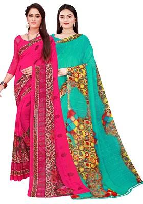 Magenta Floral Georgette Saree Set (Set Of 2)