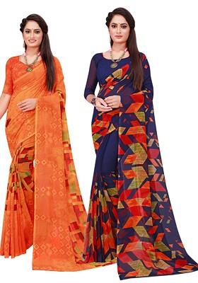 Navy Blue Floral Georgette Saree Set (Set Of 2)