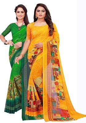 Yellow Printed Poly Blend Saree Set (Set Of 2)