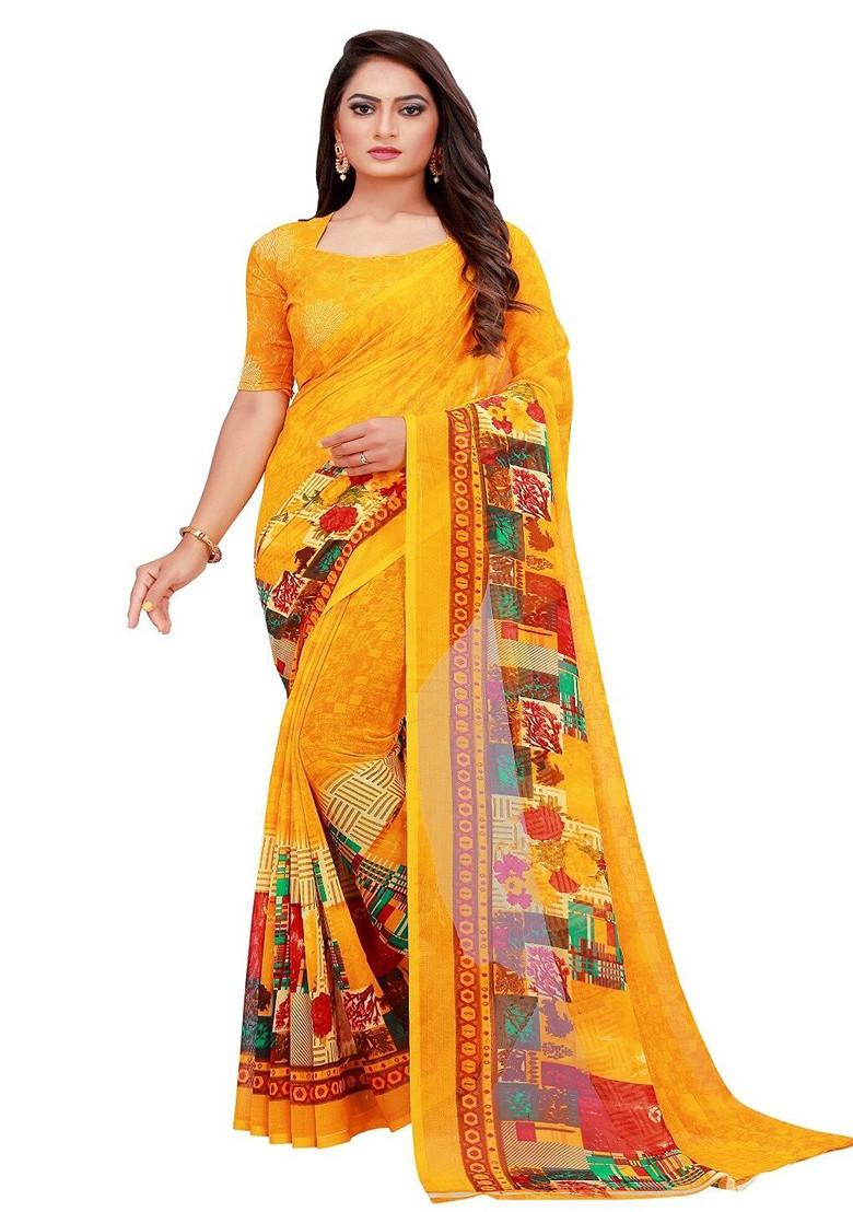 Yellow Printed Poly Blend Saree Set (Set Of 2)