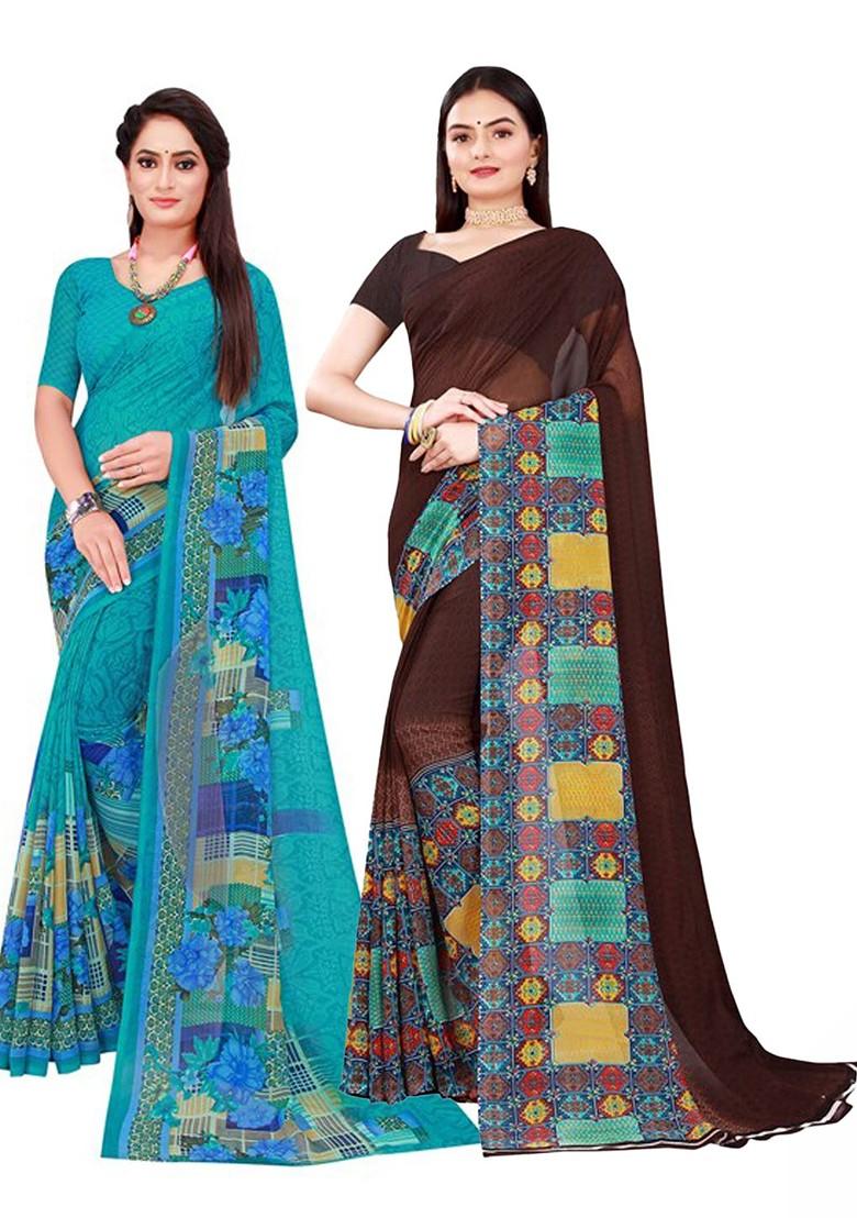 Brown Embroidered Georgette Saree Set