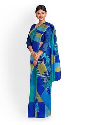 Blue Printed Georgette Saree Set