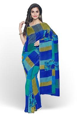 Blue Printed Georgette Saree Set