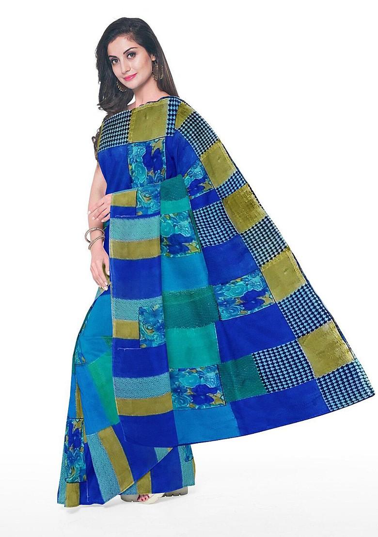 Blue Printed Georgette Saree Set