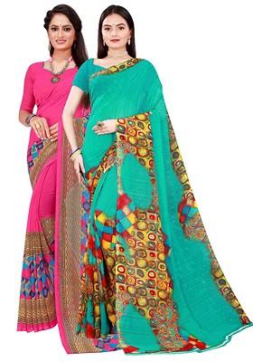Magenta Printed Georgette Saree Set (Set Of 2)