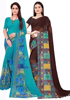Brown Floral Georgette Saree Set (Set Of 2)
