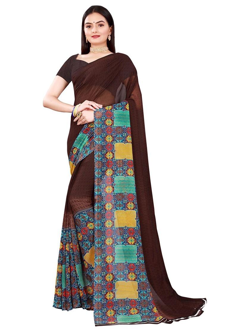 Brown Floral Georgette Saree Set (Set Of 2)