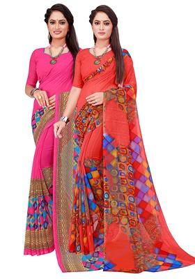 Red Printed Georgette Saree Set (Set Of 2)