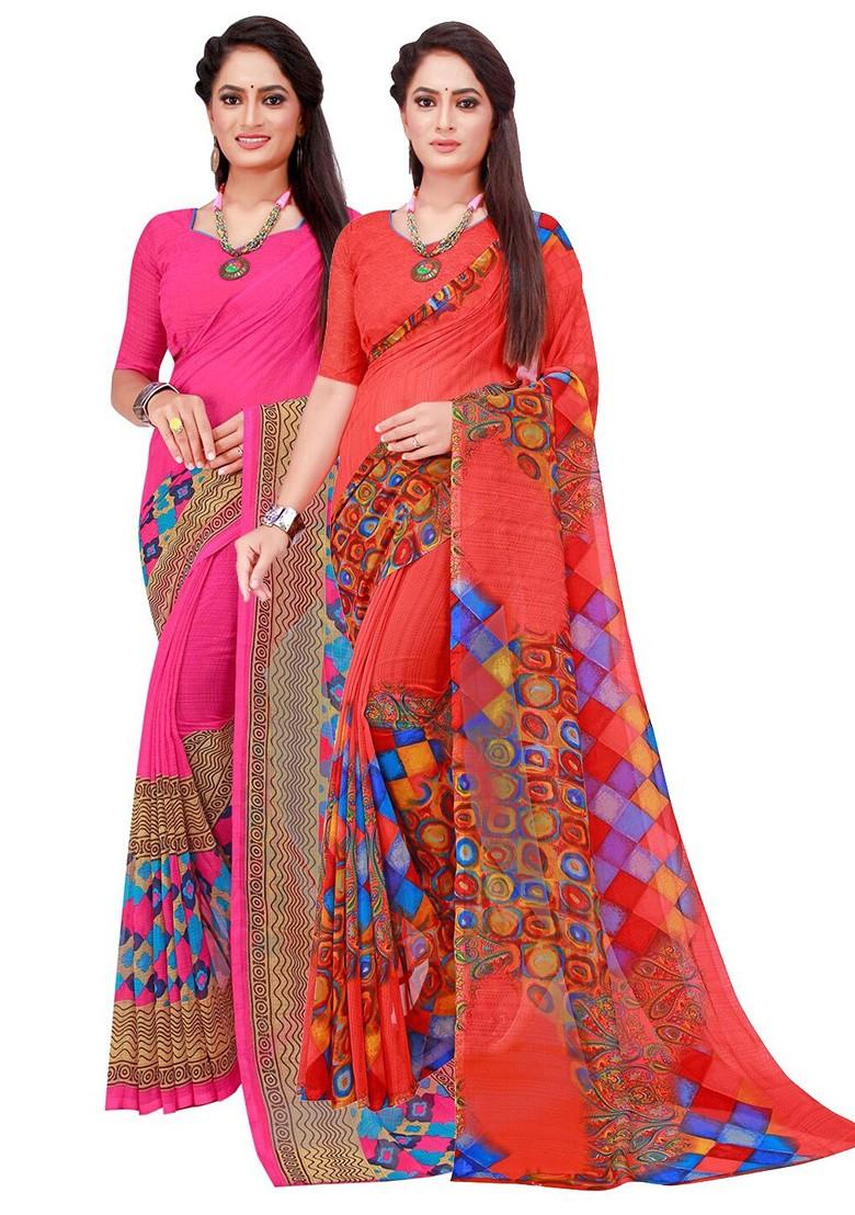 Red Printed Georgette Saree Set (Set Of 2)