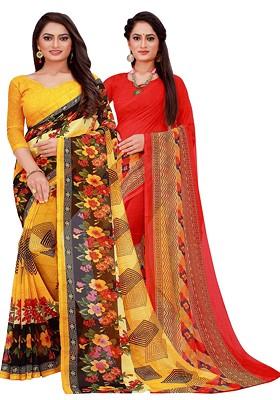 Red Printed Georgette Saree Set (Set Of 2)
