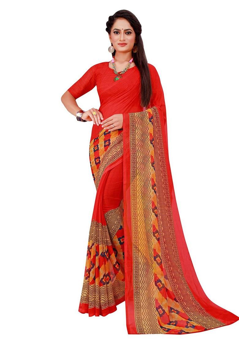 Red Printed Georgette Saree Set (Set Of 2)