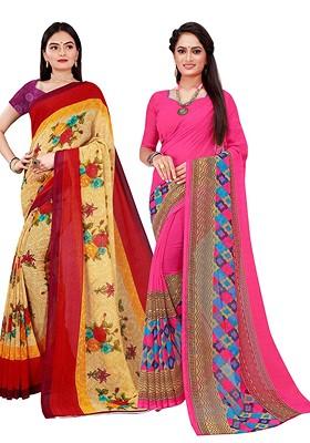 Beige Printed Georgette Saree Set (Set Of 2)