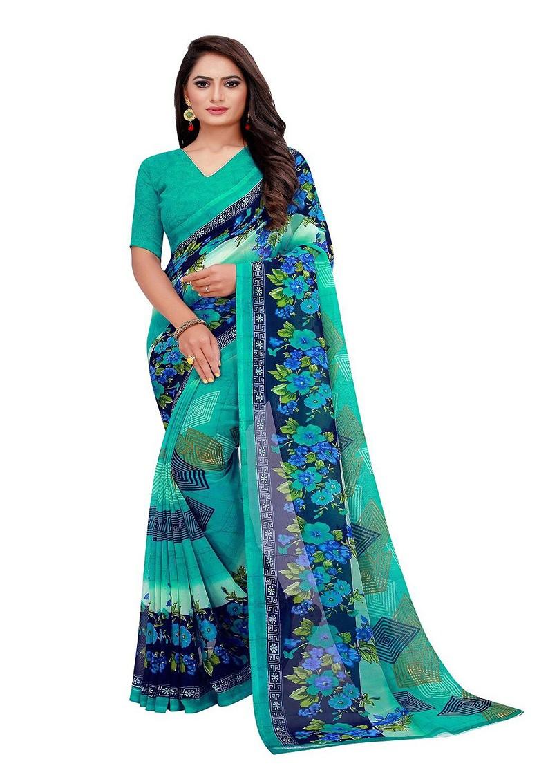 Teal Green Embroidered Georgette Saree Set