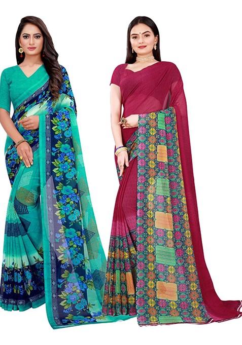 Teal Green Embroidered Georgette Saree Set