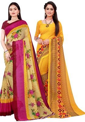 Yellow Printed Georgette Saree Set (Set Of 2)