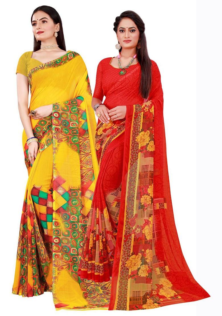 Red Printed Georgette Saree Set (Set Of 2)