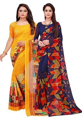 Navy Blue Printed Poly Blend Saree Set (Set Of 2)