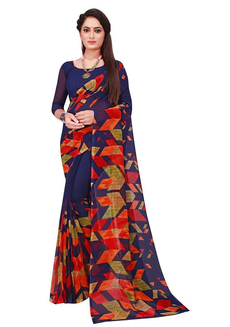 Navy Blue Printed Poly Blend Saree Set (Set Of 2)