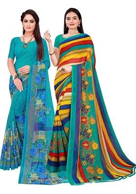 Teal Green Printed Georgette Saree Set (Set Of 2)