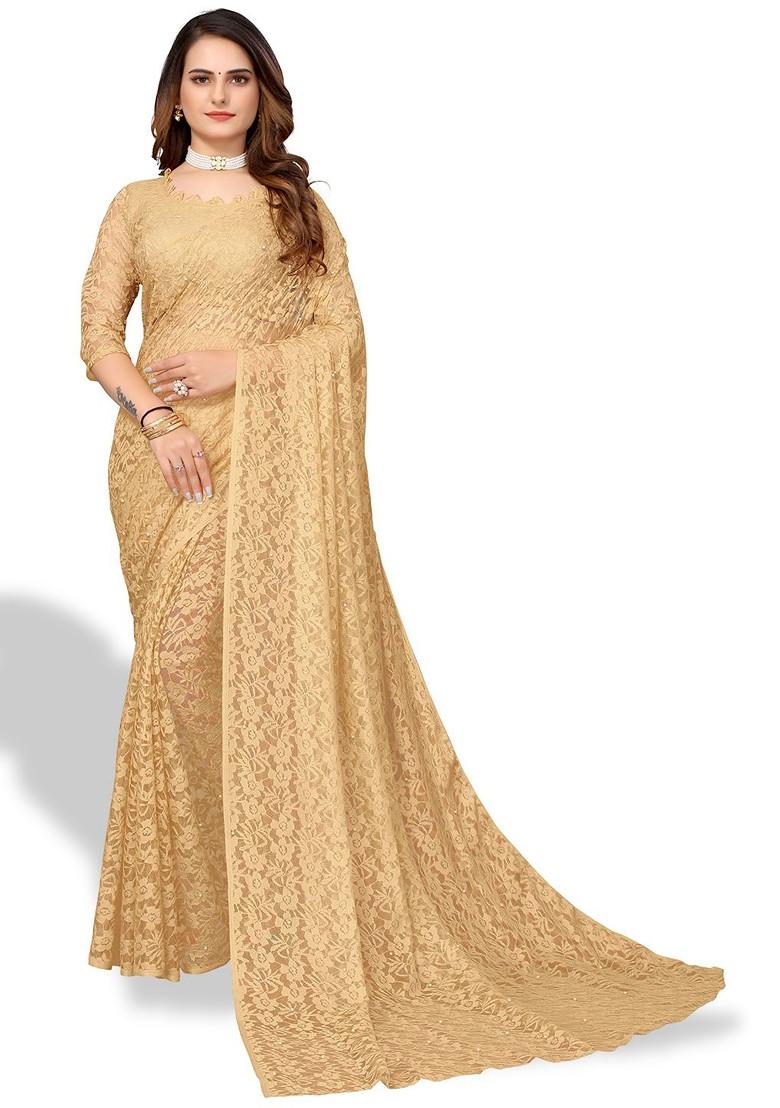 Beige Floral Poly Blend Saree Set