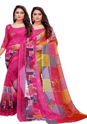 Magenta Embroidered Georgette Saree Set (Set Of 2)