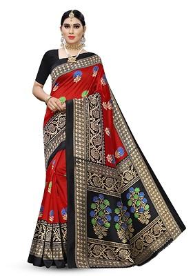 Red Floral Art Silk Saree Set