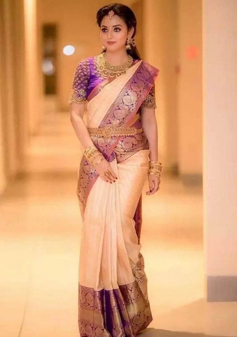 Cream woven Kanjeevaram Saree Set