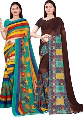 Brown Embroidered Georgette Saree Set