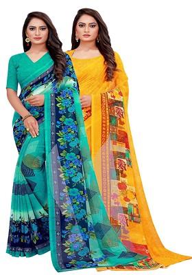 Turquoise Blue Embroidered Georgette Saree Set (Set Of 2)