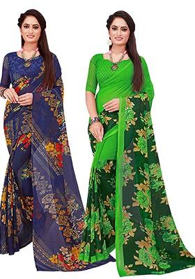 Navy Blue Geometric Print Georgette Saree Set (Set Of 2)