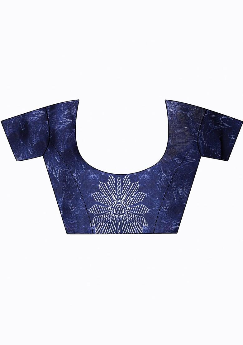 Navy Blue Geometric Print Georgette Saree Set (Set Of 2)