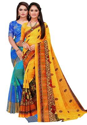 Blue Printed Georgette Saree Set