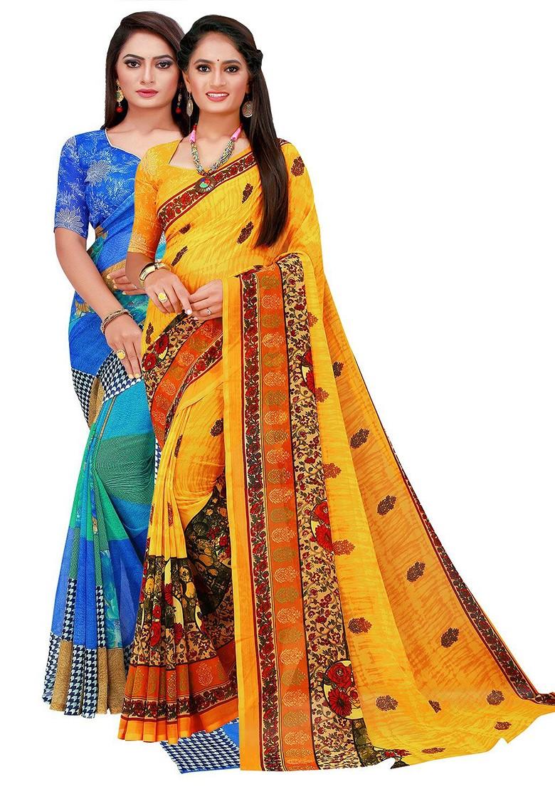 Blue Printed Georgette Saree Set