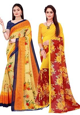 Yellow Printed Georgette Saree Set (Set Of 2)