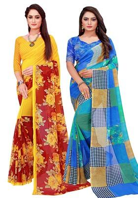 Blue Printed Georgette Saree Set