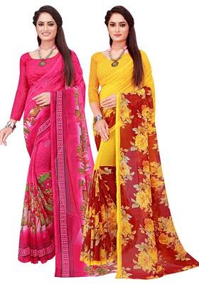 Pink Floral Georgette Saree Set (Set Of 2)