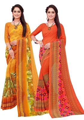 Orange Floral Georgette Saree Set (Set Of 2)