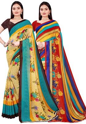 Beige Floral Georgette Saree Set (Set Of 2)