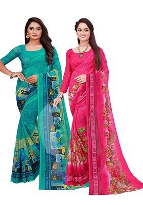 Turquoise Blue Printed Georgette Saree Set (Set Of 2)